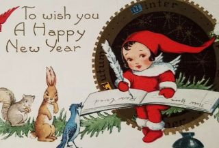 Vintage Postcard Bunny Bluebird Baby Gold Happy Year Bells A2 - 228