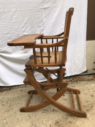 Mechanical Vintage Wooden Oak Cane Convertible Baby Rocker & High Chair & Tray
