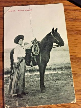 Post Card Vintage Cowgirl And Horse With One Cent Stamp On Post Card