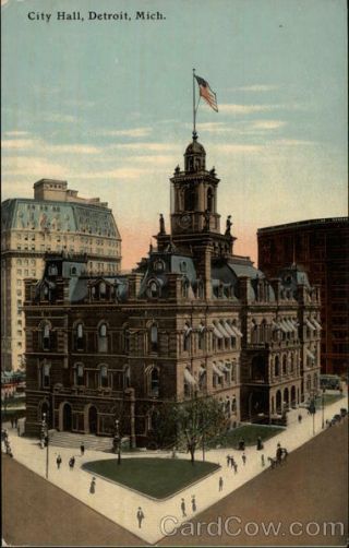 Detroit,  Mi City Hall Wayne County Michigan Wolverine News Co.  Postcard Vintage