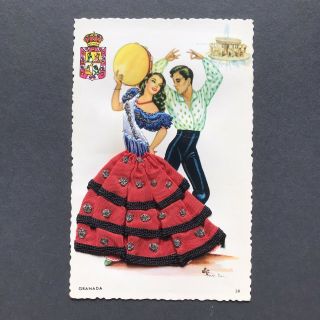 Granada Embroidered Elsi Gumier Signed Art Vintage Spain Postcard Vg,  38