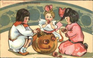 Children Thanksgiving Greetings Antique Postcard Vintage Post Card