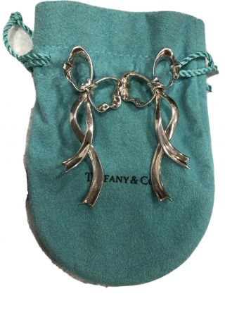 Tiffany@co Ribbon Bow Sterling Silver Vintage Pierced Earrings 2.  25 "