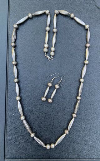 Vintage Native American Navajo Sterling Silver Bench Bead Necklace Earring Set