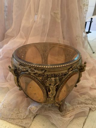 Vtg Large Brass Filigree Ormolu Jewelry Casket Trinket Box Cherubs Pink Glass