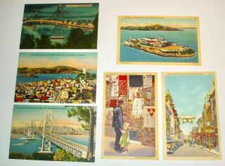 Vintage Postcards San Francisco Linen Post Cards,  1943,  Chinatown,  Alcatraz,  Bay