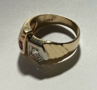 Vintage Mens 14k Mid Century Gold Ring.  25 Carat Diamond Ruby Pentagon Design