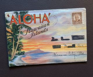 1937 Vintage Aloha Hawaiian Islands Fold Out Postcard Folder Honolulu Hawaii