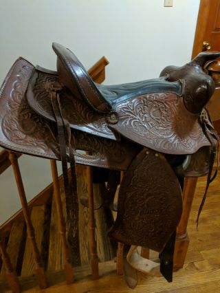 15 " Vtg Double R Western Saddle Heavily Tooled Leather Brown - - Stirrups