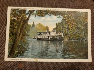 Vintage 1927 Postcard Boat Passing Narrows,  Fulton Chain Of Lakes,  Old Forge,  Ny