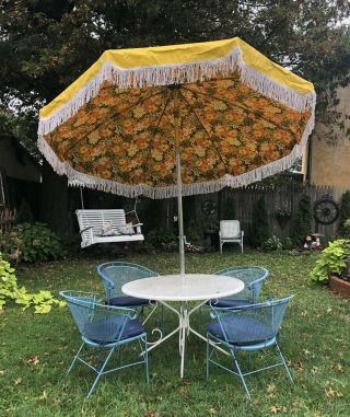 Vintage Mid Century Patio Umbrella Yellow Floral Cover 8ft Retro Macon Ny