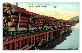 Vintage Postcard Lumber Train Emptying Logs Saw Mill Basin Washington F12