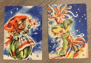 2 Vintage Swedish Mini Christmas Postcard Girl Poinsettia God Jul
