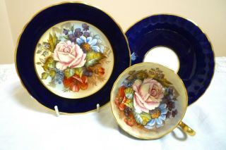 Vintage Aynsley Tea Trio Hand Painted Cabbage Rose Signed J A Bailey Cobalt Blue