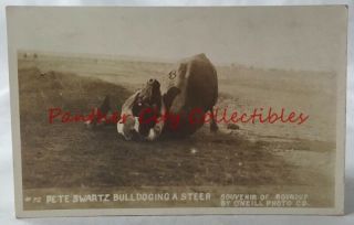 Vintage Postcard Rppc Real Photo Rodeo C1920 Pete Swartz Bulldogging O 