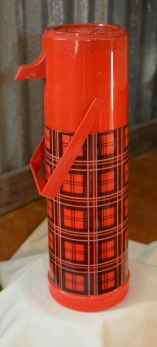 Aladdin Pump - A - Drink Plastic Thermos Vintage Red Plaid Checkered