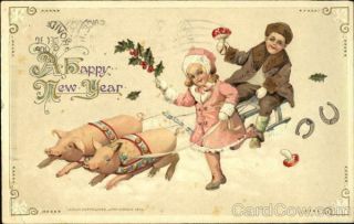 Year/children 1914 A Happy Year Winsch Antique Postcard 1c Stamp Vintage