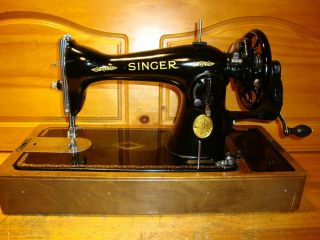 Vintage Singer Sewing Machine Model 15 - 89,  Hand Crank,  Leather,  Serviced