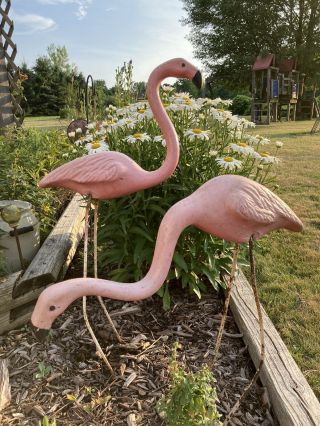 2 Vintage Mid Century Lawn & Gargen Pink Flamingos Concrete / Cement With Legs