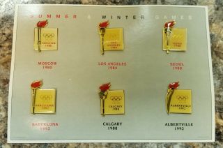 Set Of 6 Olympic Torch Pins - Summer & Winter Games 1980 - 1992