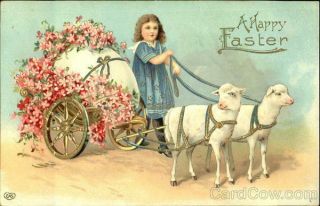 Easter Children Little Girl And Two Lambs Pulling A Cart Eas Postcard Vintage