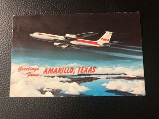 Vintage Chrome Postcard - - Greetings From Amarillo Texas - Twa Airplane Jet Pc