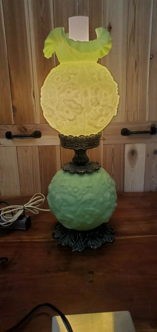 Vtg Fenton Uranium Vaseline Glass Gwtw Table Lamp Satin Custard Poppy Glow Green