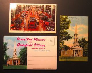 1940s,  50s Henry Ford Museum 3 Vtg.  Postcards Greenfield Village Dearborn Mi