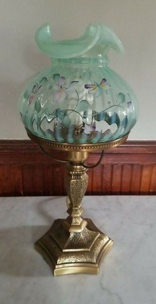 Vintage Fenton Opalescent Rib Optic Green Glass Signed Hand Painted Lamp 17 "