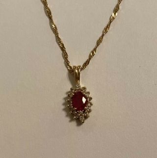 Vintage 14k Yellow Gold Red Ruby & Diamond Halo Pendant 18” Necklace