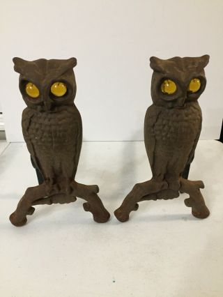 Vintage Cast Iron Owl Andirons W/ Glass Eyes