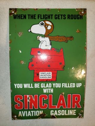 Old Vintage 1953 Sinclair Aviation Gasoline Porcelain Gas Pump Sign Oil Snoopy