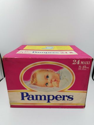 Vintage Pampers Box With 24 Maxi Plastic Diapers 8 - 15 Kg / 18 - 33 Lbs Htf