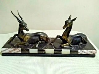 Pair Antique Vintage Art Deco French Spelter Gazelles Deer On Marble Base