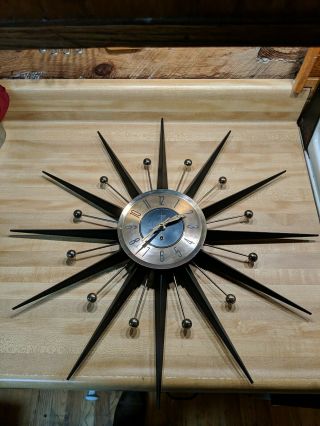 Vintage Mid Century Modern Welby Starburst Wall Clock Metal 25 " Missing Key
