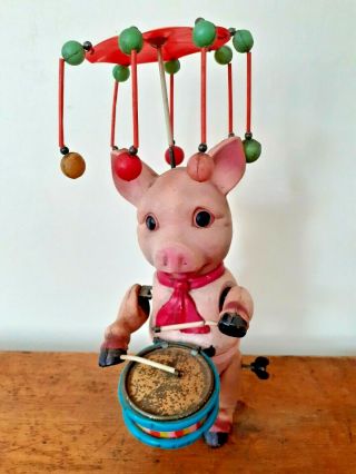 Vintage Antique Celluloid Wind Up Clockwork Pig Tin Drum Toy Japan Shimazaki