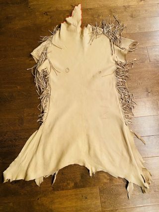 VINTAGE HAND CRAFTED GLASS BEADED NATIVE AMERICAN INDIAN LEATHER FUR DRESS 3