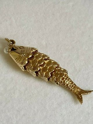 Vintage 9ct Gold Articulated Fish Pendant Hallmarked On Tail 6.  7g Pearl In Mouth