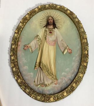 Vintage Catholic Sacred Heart Jesus Statue Plaque Spain Glass Eyes 14 " X 18 " H