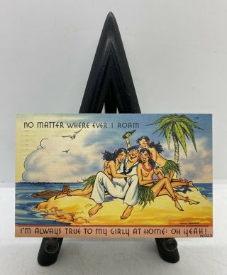 Vintage Wwii 1943 U.  S.  Navy Tropical Island Hula Girls Sailors Postcard