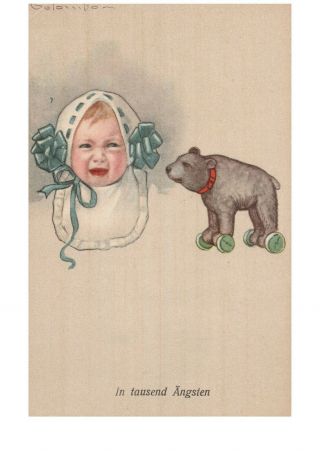 Baby Crying In Fear Of Bear Toy On Wheels Postcard E.  Columbo Artist Vintage