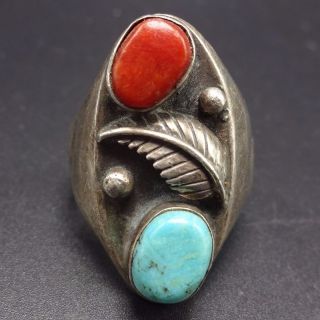 Large Vintage Navajo Sterling Silver Coral & Turquoise Signet Ring,  Size 12