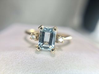Vintage 14k Yellow Gold Emerald Cut Blue Topaz Round Diamond Engagement Ring