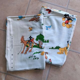Vtg 50s 60s Disney Curtain Sheet Fabric Mickey Minnie Cowbo Western 2