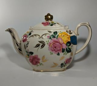 Vintage Sadler England Cube Teapot 3897 Flowers Gold Trim Foil Label