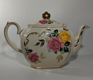 Vintage Sadler England Cube Teapot 3897 Flowers Gold Trim FOIL LABEL 2