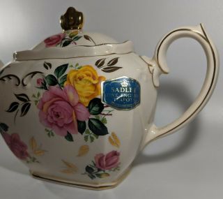 Vintage Sadler England Cube Teapot 3897 Flowers Gold Trim FOIL LABEL 3