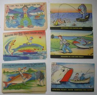 Pc 6 Vintage Comic/humor Postcards Fishing From The 40 