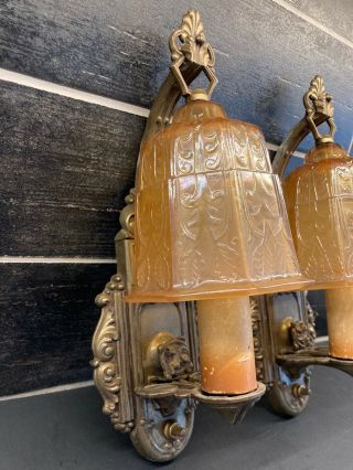 2 Vtg Art Deco Mcm Cast Metal Electric Wall Sconce Amber Glass Hanging Globes