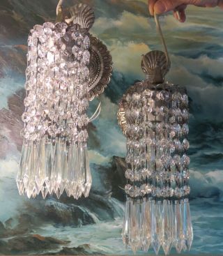 2 Vintage Silver Brass Fountain Waterfall Lily Crystal Prism Lamp Shell Sconces